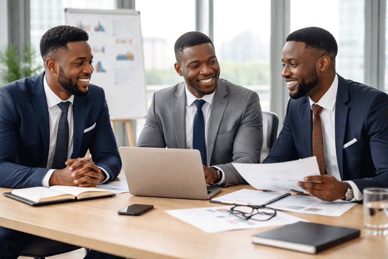 African American men in a professional boardroom